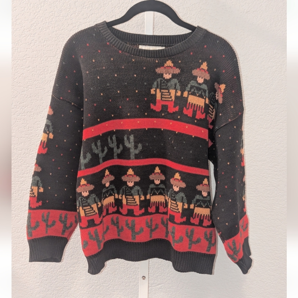 Vintage Sweater Loft New York Womens  Knit Saguaro Cactus Sombrero Print